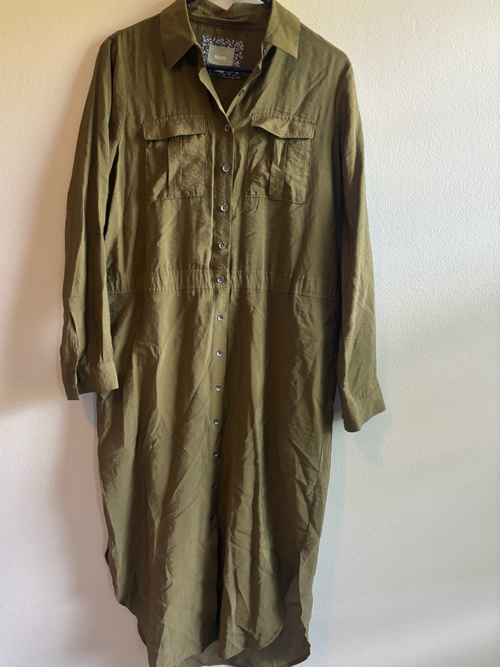 Maeve Anthropologie Olive Green Long Sleeve Button-Down Midi Dress